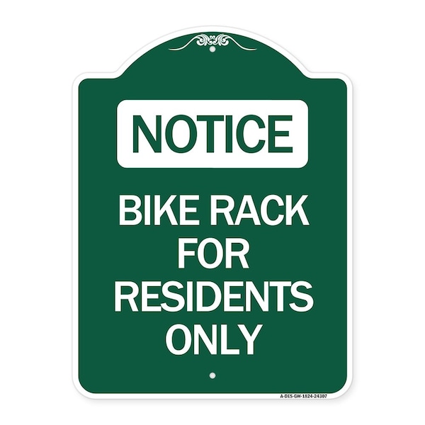 Designer Series Bike Rack for Residents Only, Green & White Aluminum Sign, 18" x 24", GW-1824-24307